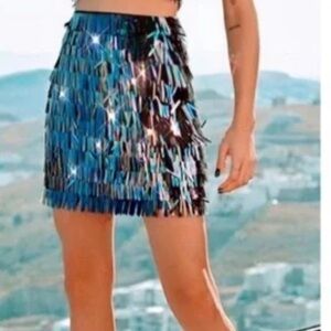 House of Harlow Holographic Iridescent Fringe Sequin Skirt Size Medium